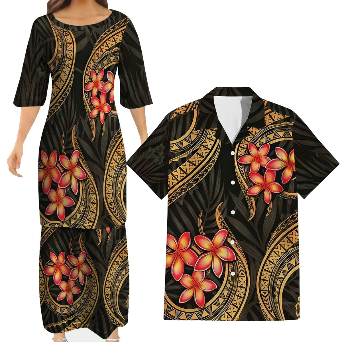 Plumeria Flowers Island Polynesian Tribal Pattern Matching Outfit For Couple Tropical Island Puletasi Dress Man Shirt For Her Him