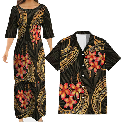 Plumeria Flowers Island Polynesian Tribal Pattern Matching Outfit For Couple Tropical Island Puletasi Dress Man Shirt For Her Him