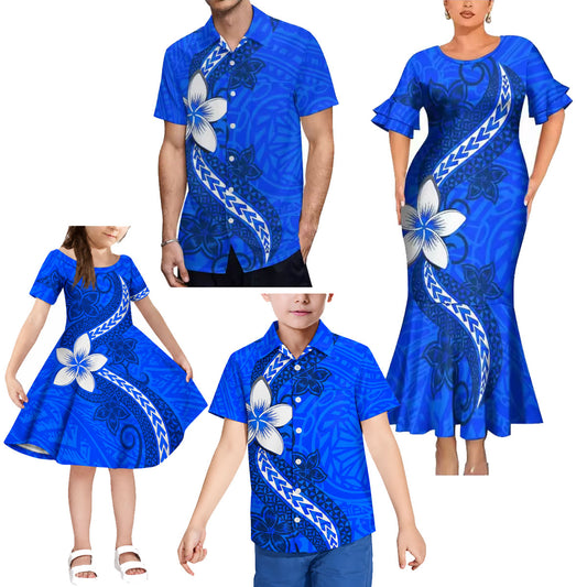 Polynesian Flowers Pattern Blue Matching Outfit For Family Polynesian Tribal Printed Short Sleeve Mermaid Long Dress And Hawaiian Shirt