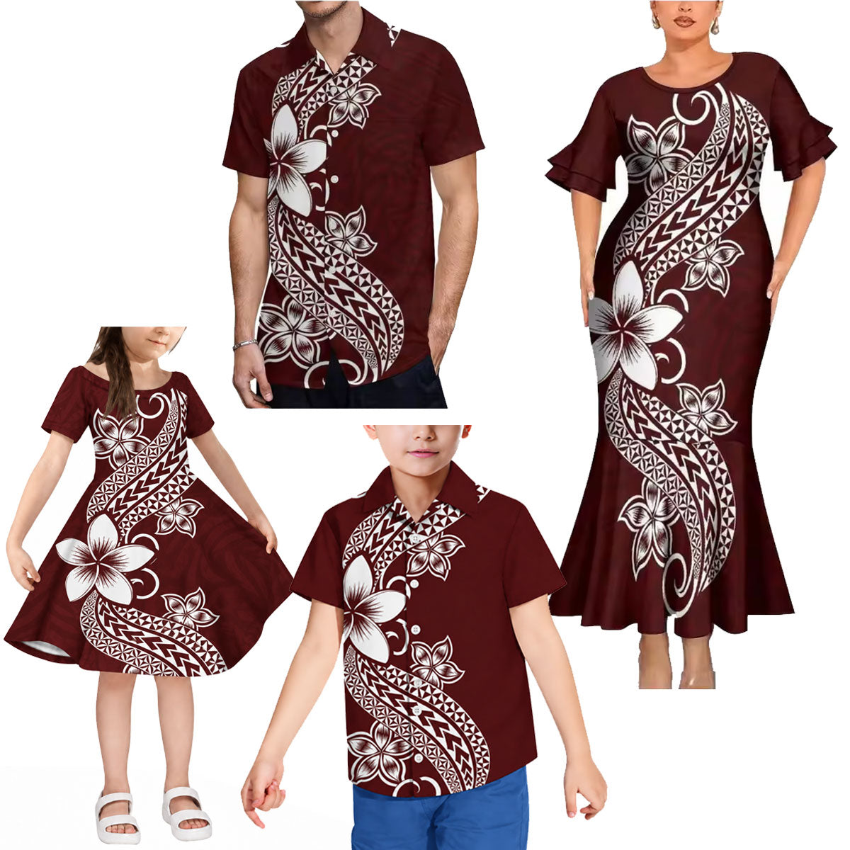 Polynesian Flowers Pattern Brown Matching Outfit For Family Polynesian Tribal Printed Short Sleeve Mermaid Long Dress And Hawaiian Shirt
