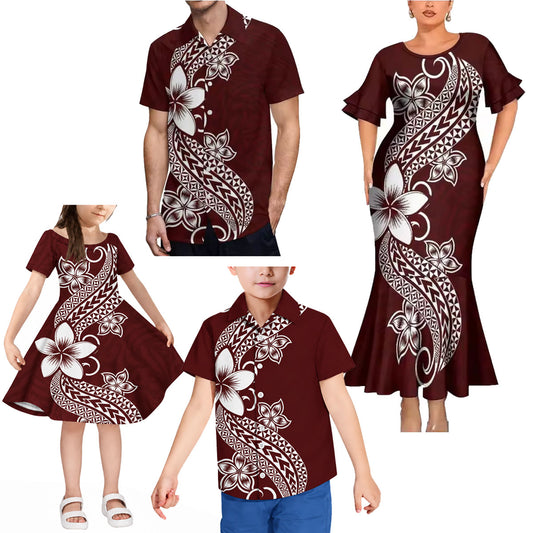 Polynesian Flowers Pattern Brown Matching Outfit For Family Polynesian Tribal Printed Short Sleeve Mermaid Long Dress And Hawaiian Shirt