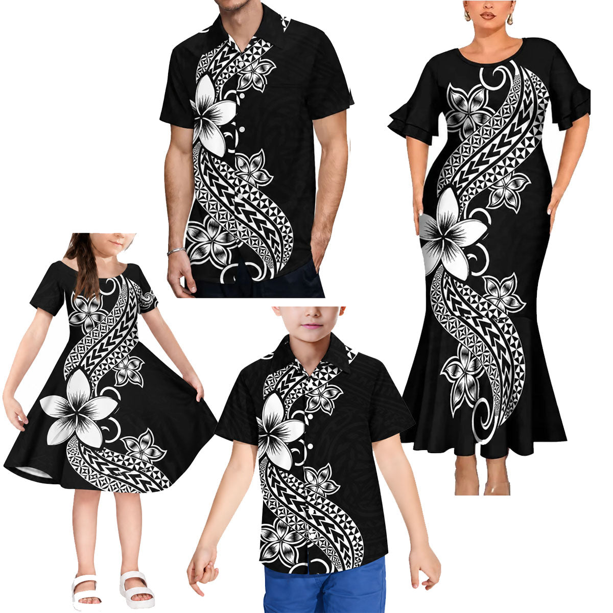 Polynesian Flowers Pattern Black Matching Outfit For Family Polynesian Tribal Printed Short Sleeve Mermaid Long Dress And Hawaiian Shirt
