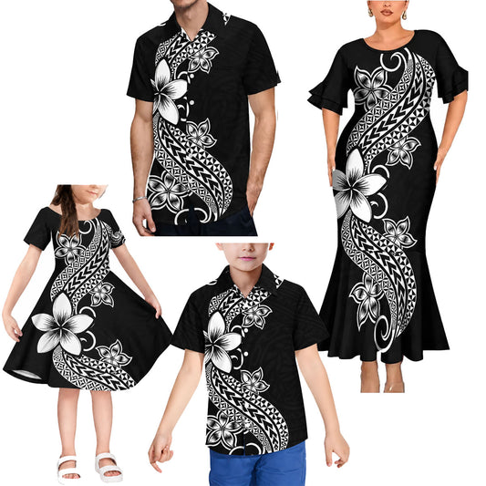Polynesian Flowers Pattern Black Matching Outfit For Family Polynesian Tribal Printed Short Sleeve Mermaid Long Dress And Hawaiian Shirt