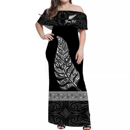 Custom Personalised New Zealand Off Shoulder Long Dress Maori Pattern Silver Fern Black
