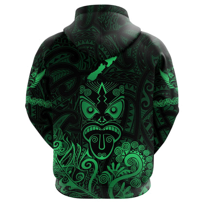 Maori Aotearoa Rugby Haka Zip Hoodie New Zealand Silver Fern Green