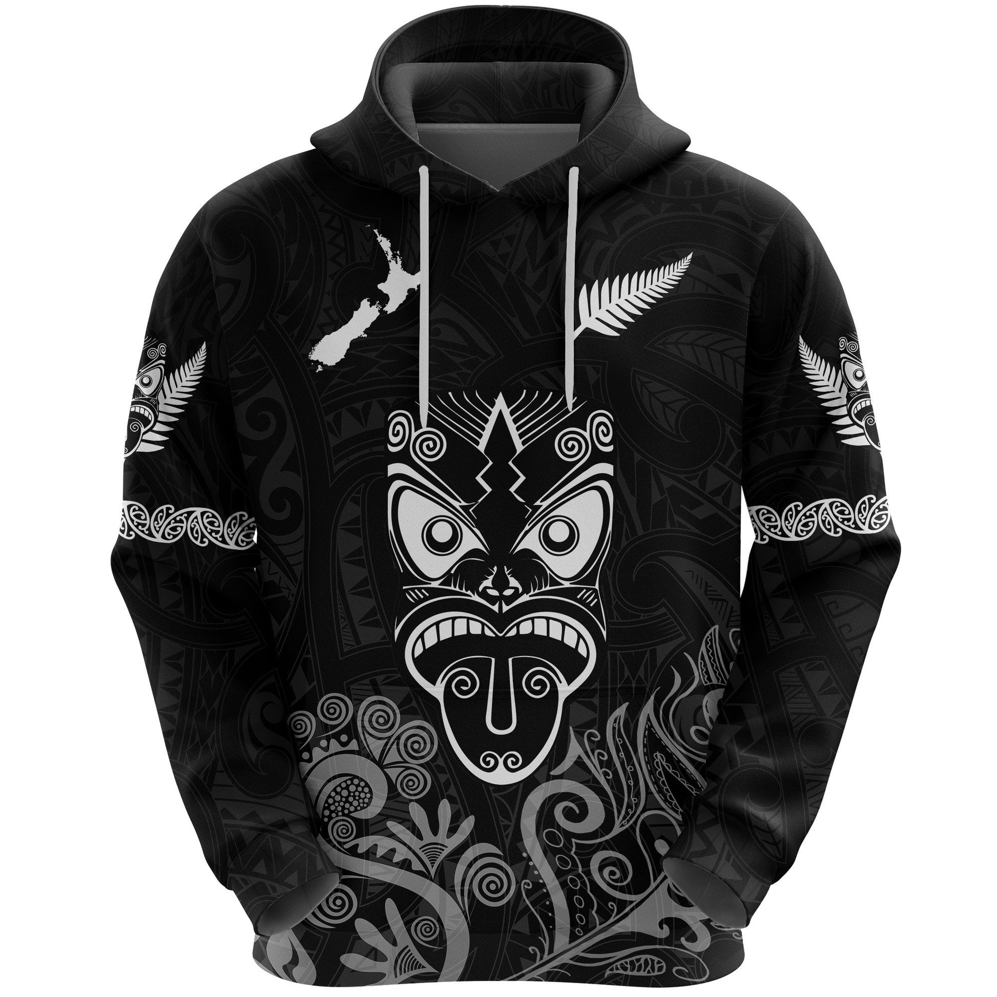 Maori Aotearoa Rugby Haka Hoodie New Zealand Silver Fern Black