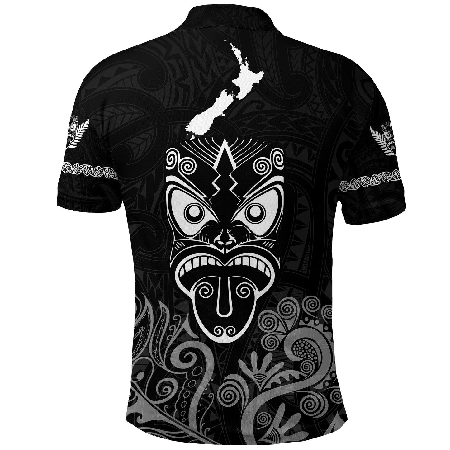Maori Aotearoa Rugby Haka Polo Shirt New Zealand Silver Fern - Black