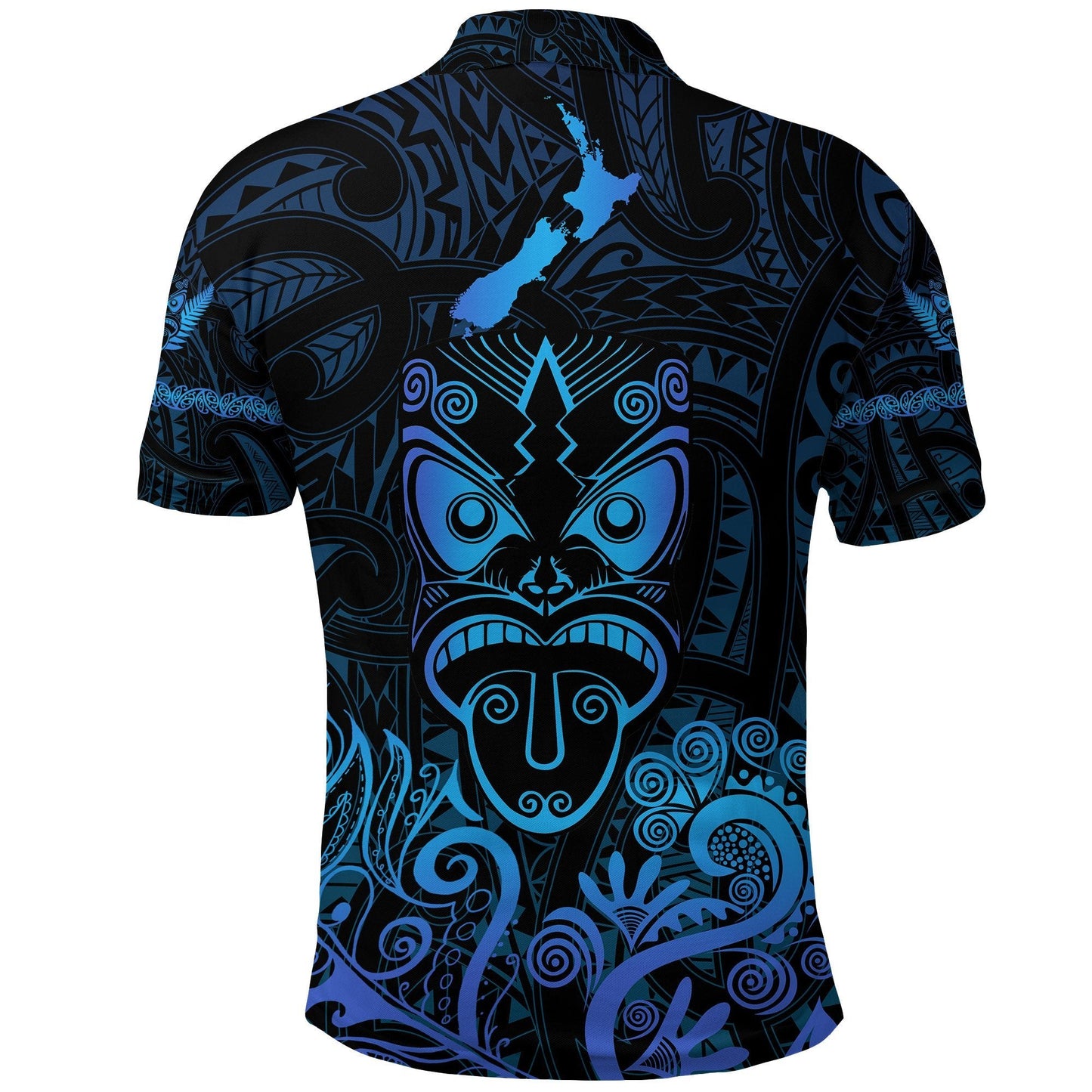 Maori Aotearoa Rugby Haka Polo Shirt New Zealand Silver Fern - Blue