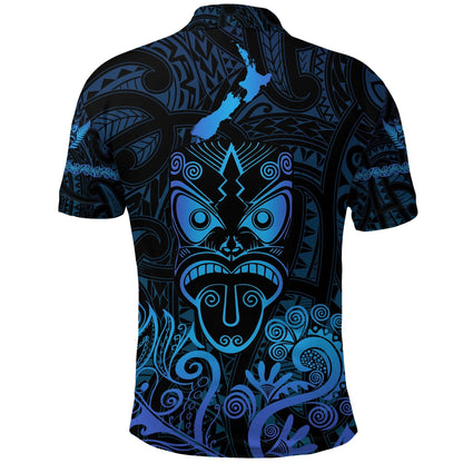 Maori Aotearoa Rugby Haka Polo Shirt New Zealand Silver Fern - Blue
