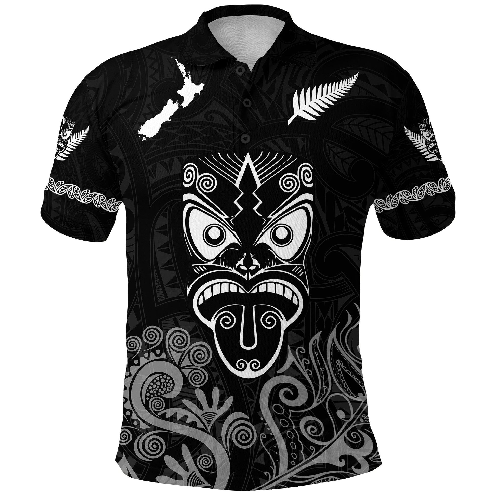 Maori Aotearoa Rugby Haka Polo Shirt New Zealand Silver Fern - Black