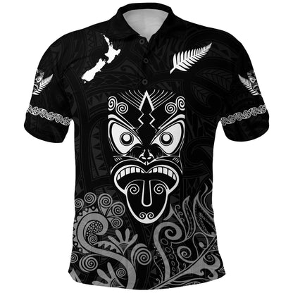 Maori Aotearoa Rugby Haka Polo Shirt New Zealand Silver Fern - Black