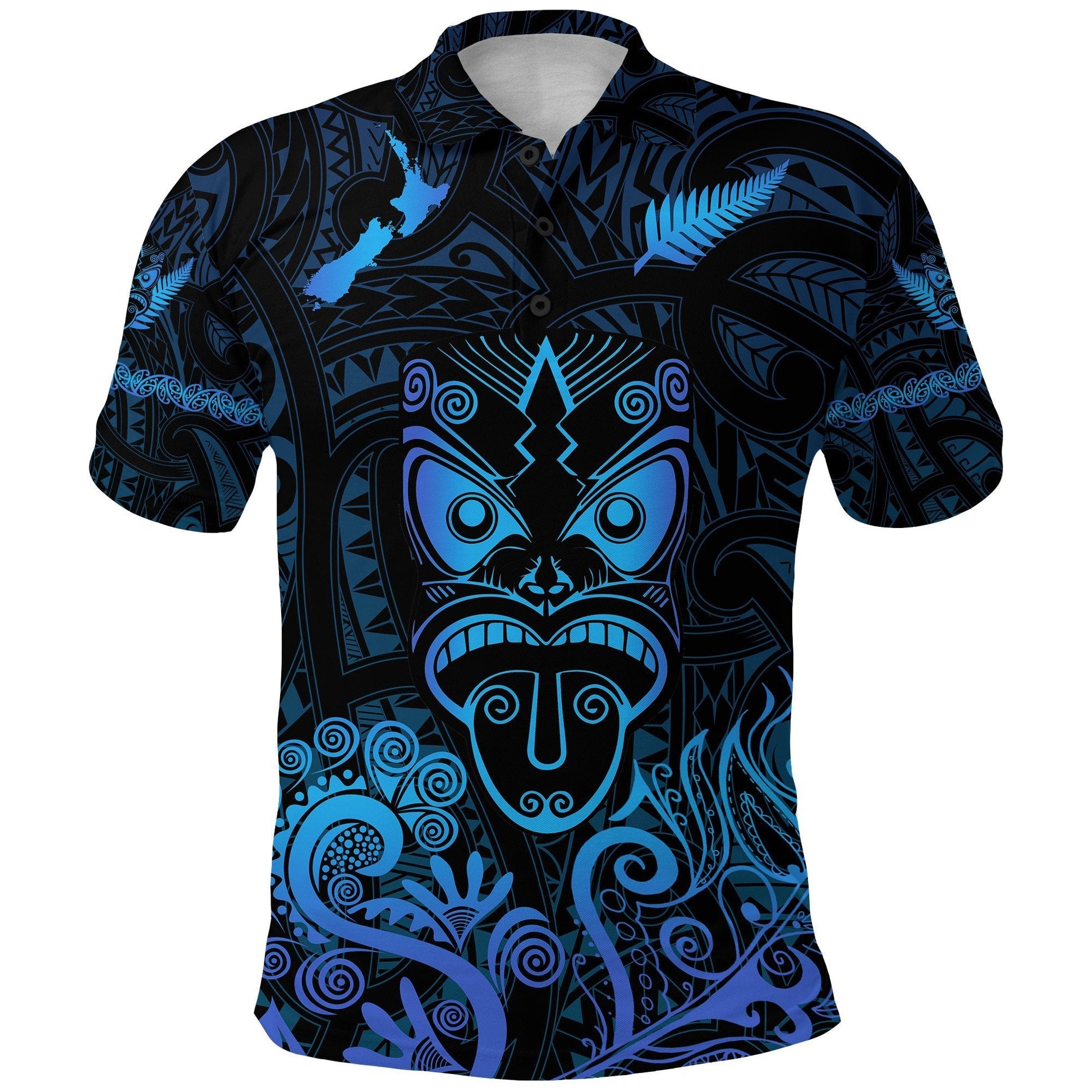 Maori Aotearoa Rugby Haka Polo Shirt New Zealand Silver Fern - Blue