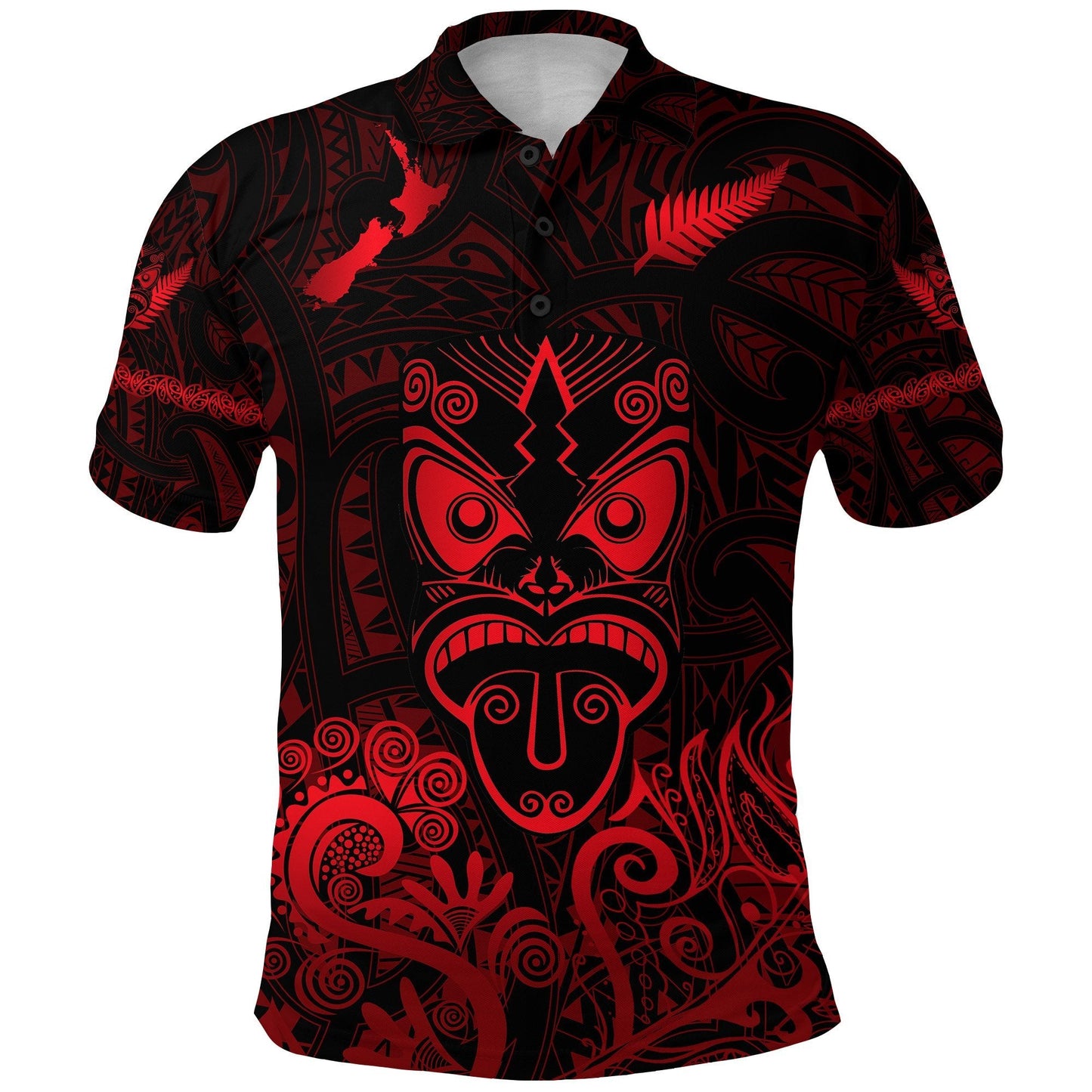 Maori Aotearoa Rugby Haka Polo Shirt New Zealand Silver Fern - Red
