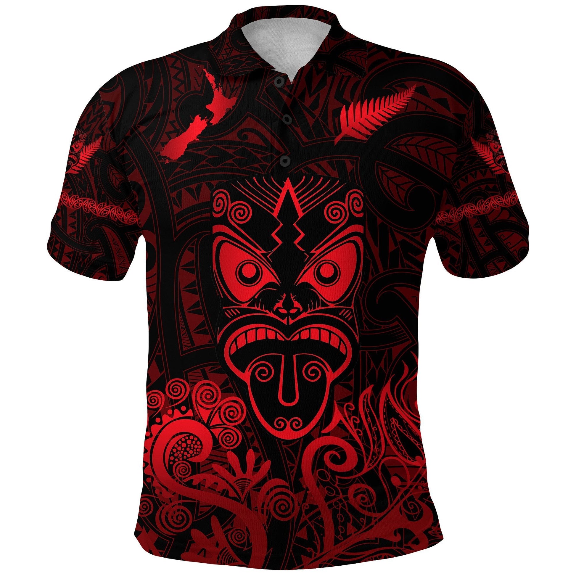 Maori Aotearoa Rugby Haka Polo Shirt New Zealand Silver Fern - Red