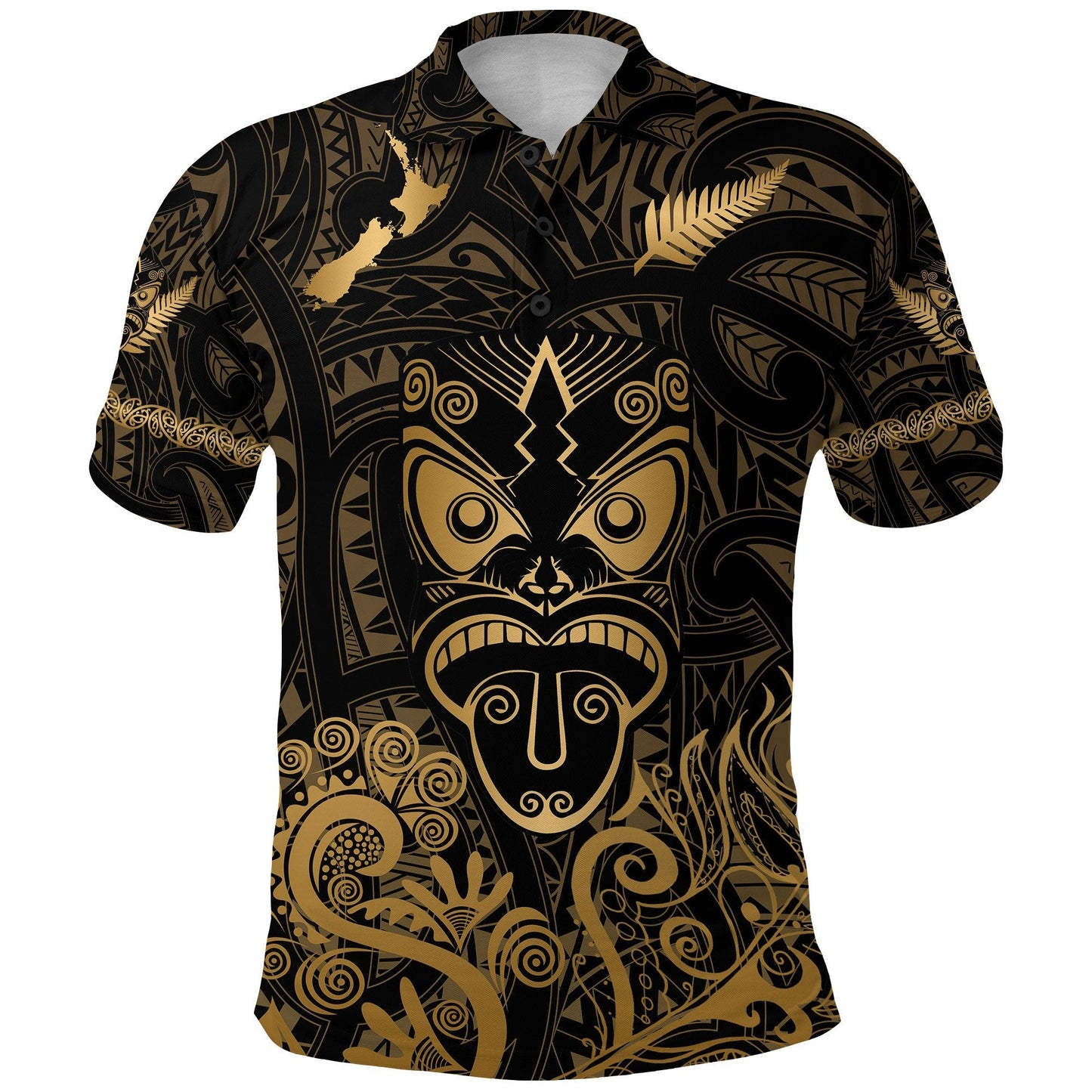 Maori Aotearoa Rugby Haka Polo Shirt New Zealand Silver Fern Gold