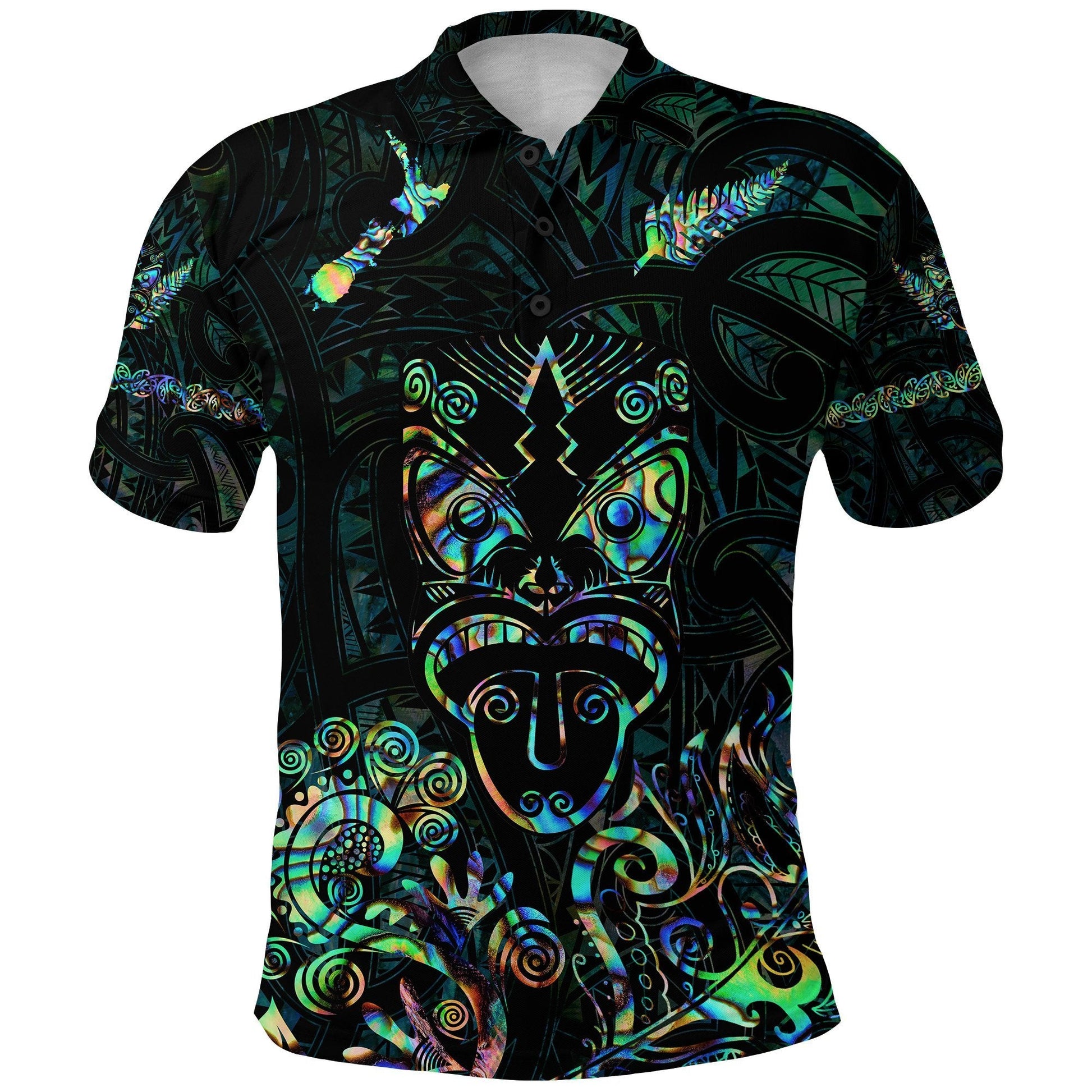 Maori Aotearoa Rugby Haka Polo Shirt New Zealand Silver Fern - Paua Shell