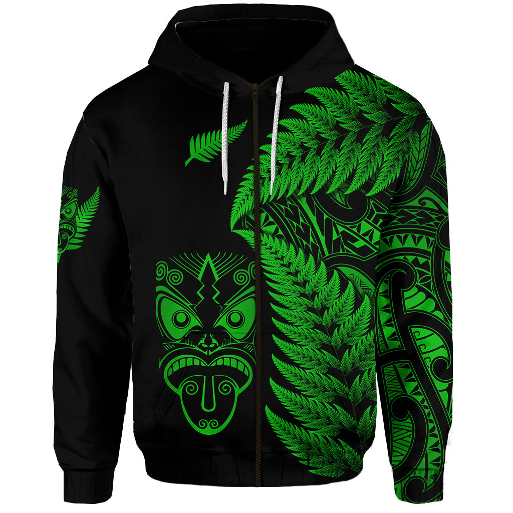 New Zealand Haka Rugby Maori Zip Hoodie Silver Fern Vibes Green