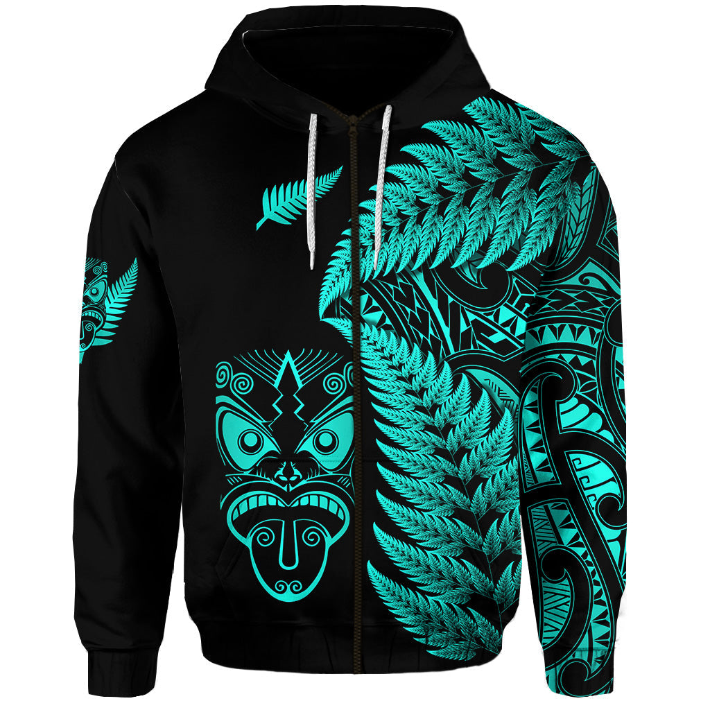 New Zealand Haka Rugby Maori Zip Hoodie Silver Fern Vibes Turquoise