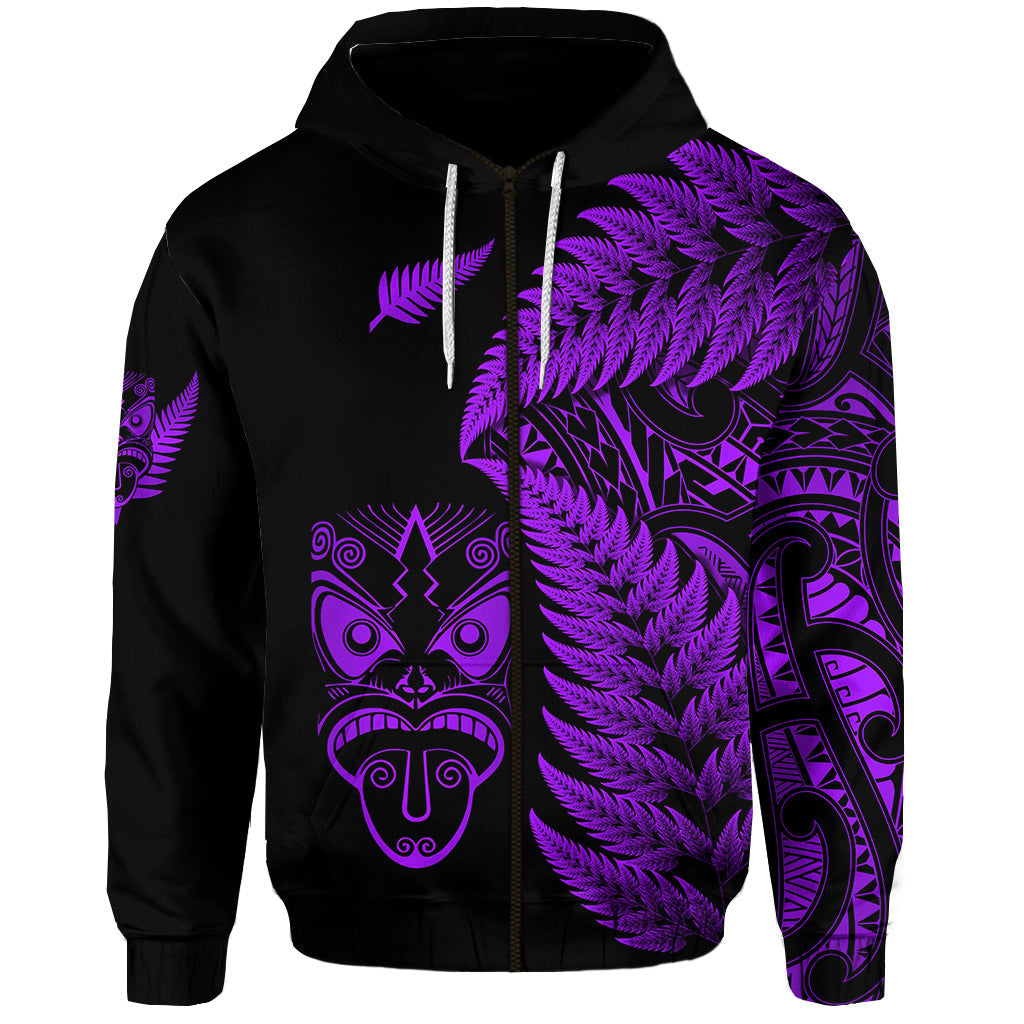 New Zealand Haka Rugby Maori Zip Hoodie Silver Fern Vibes Purple