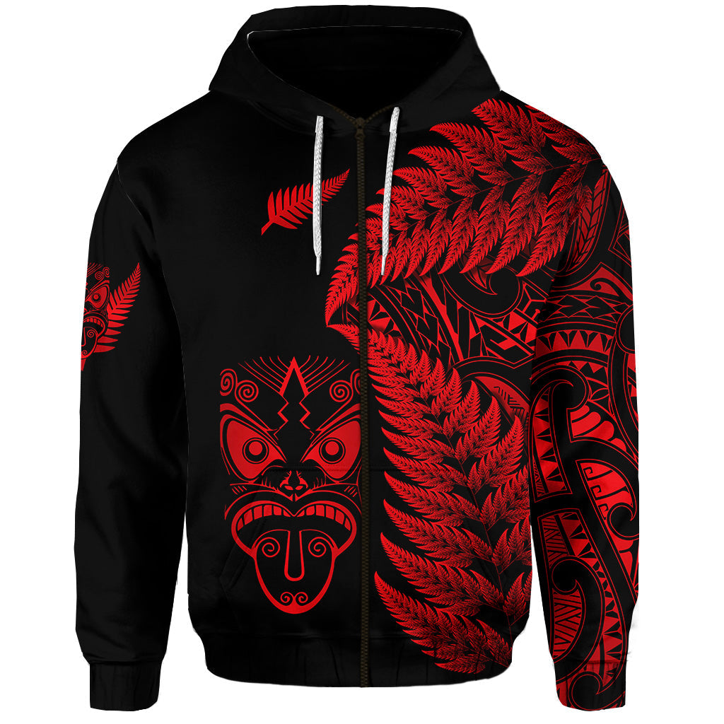 New Zealand Haka Rugby Maori Zip Hoodie Silver Fern Vibes Red