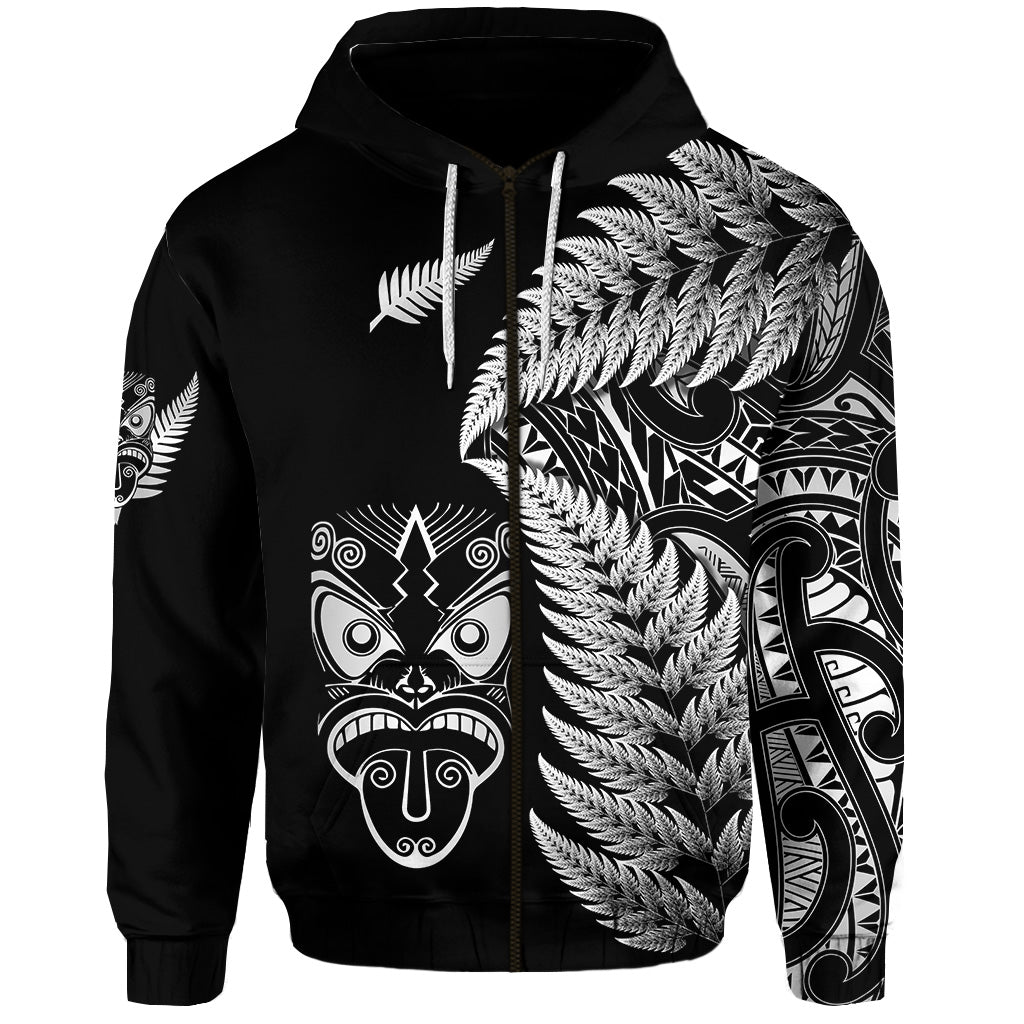 New Zealand Haka Rugby Maori Zip Hoodie Silver Fern Vibes Black