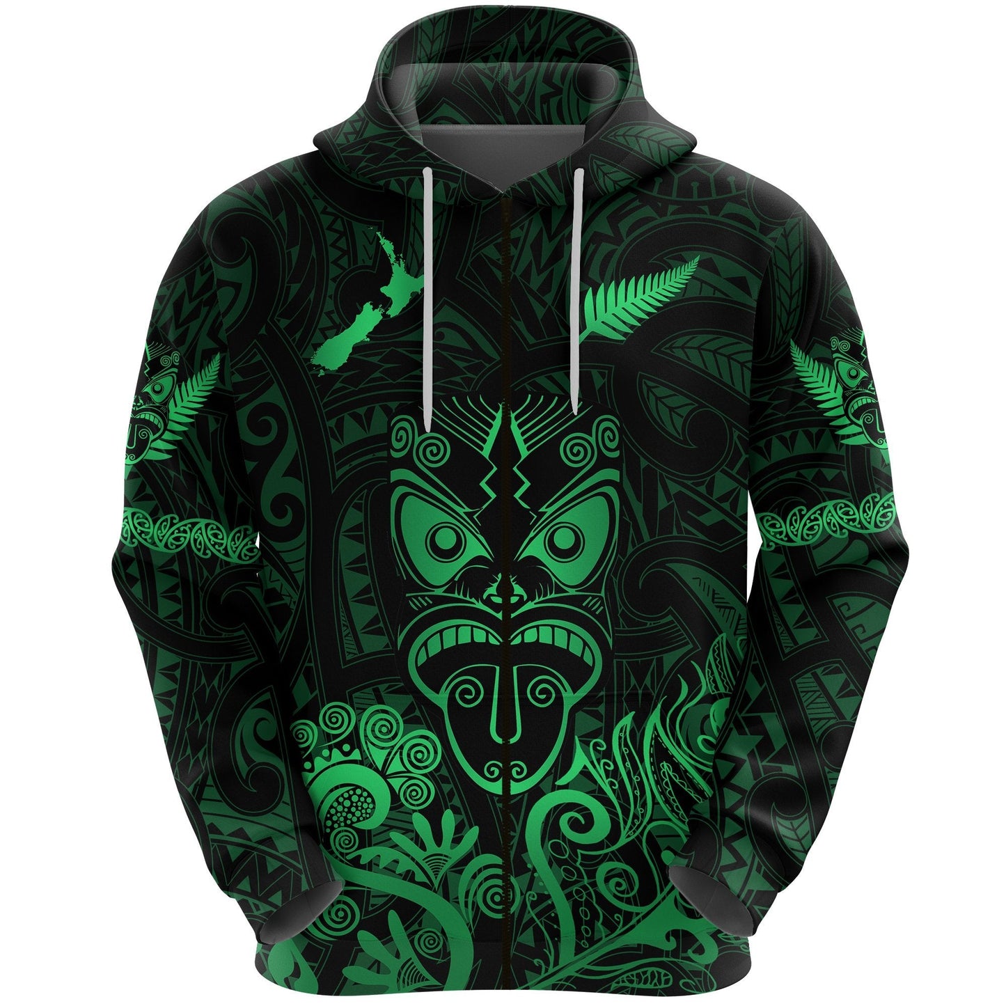 Maori Aotearoa Rugby Haka Zip Hoodie New Zealand Silver Fern Green