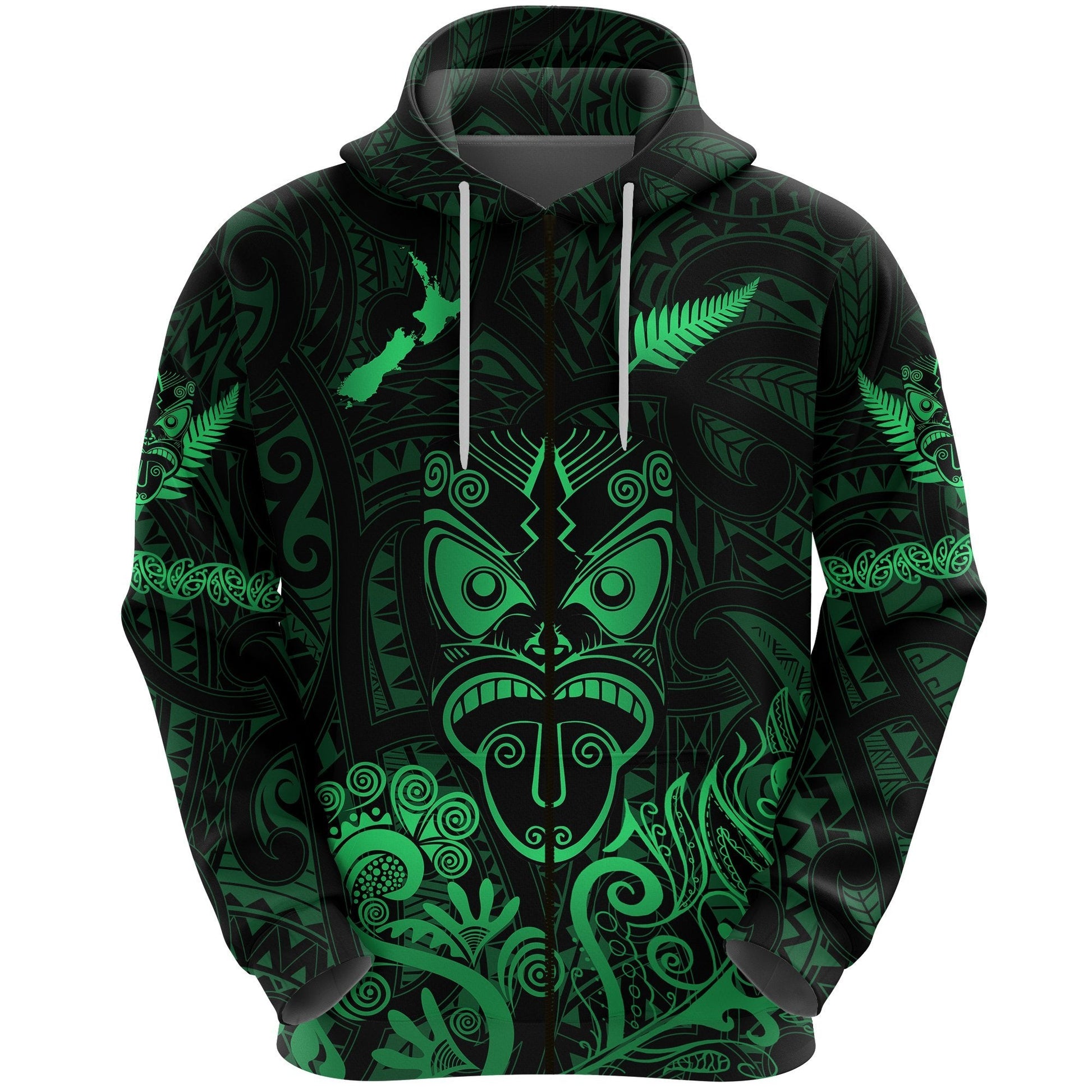 Maori Aotearoa Rugby Haka Zip Hoodie New Zealand Silver Fern Green