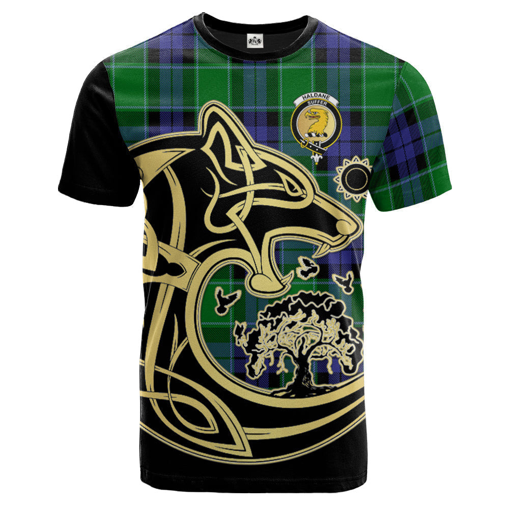 Printivon Haldane Crest Celtic Wolf Tartan T Shirt Custom Your Text