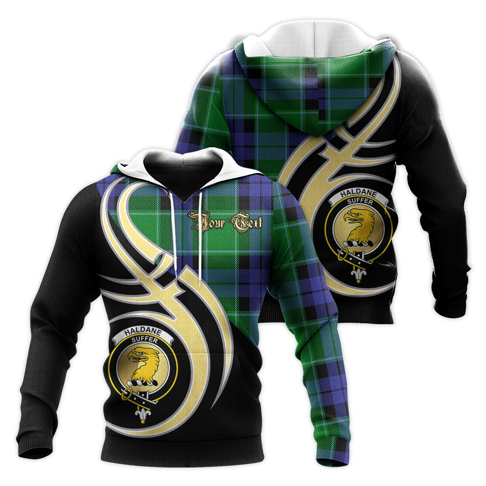Printivon Haldane Clan Believe In Me Crest Tartan Knitted Hoodie Custom Your Text