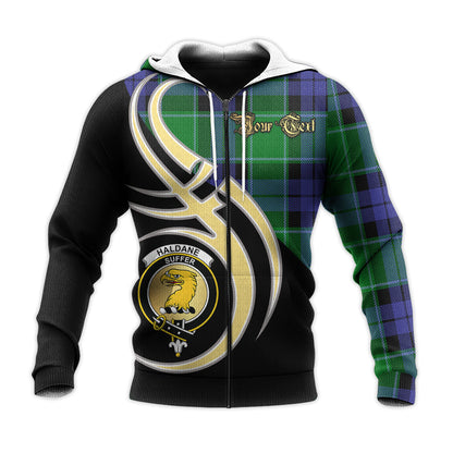 Printivon Haldane Clan Believe In Me Crest Tartan Knitted Hoodie Custom Your Text