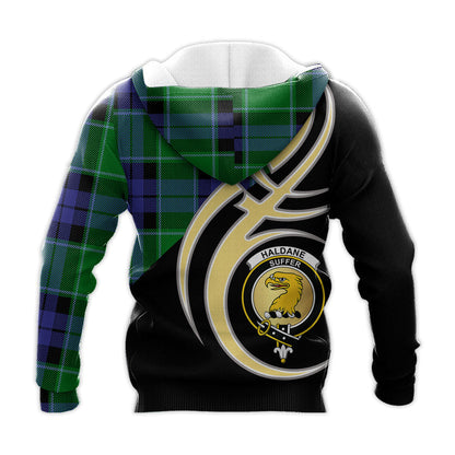 Printivon Haldane Clan Believe In Me Crest Tartan Knitted Hoodie Custom Your Text