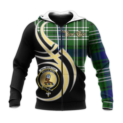 Printivon Haliburton Clan Believe In Me Crest Tartan Knitted Hoodie Custom Your Text