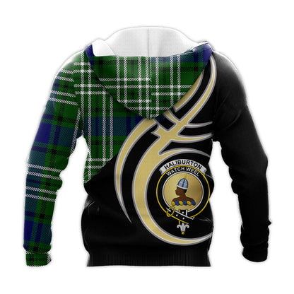 Printivon Haliburton Clan Believe In Me Crest Tartan Knitted Hoodie Custom Your Text