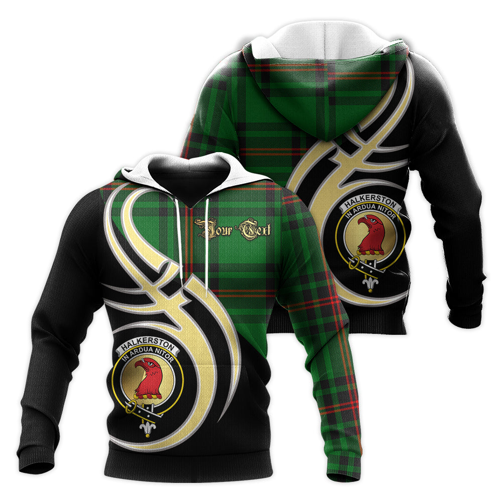 Printivon Halkerston Clan Believe In Me Crest Tartan Knitted Hoodie Custom Your Text