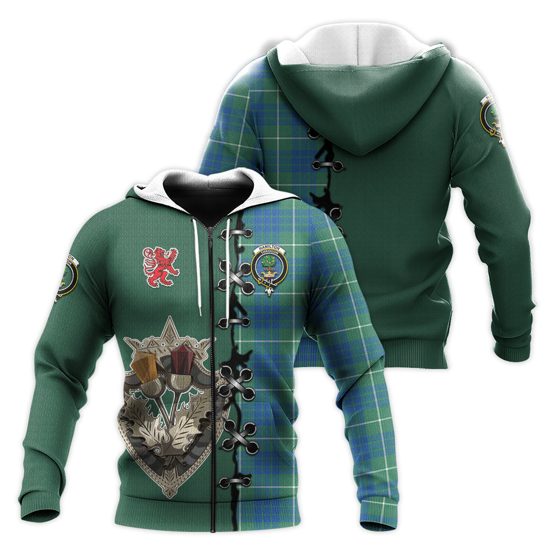 Printivon Hamilton Hunting Ancient Tartan Hoodie Lion Rampant And Celtic Thistle Style