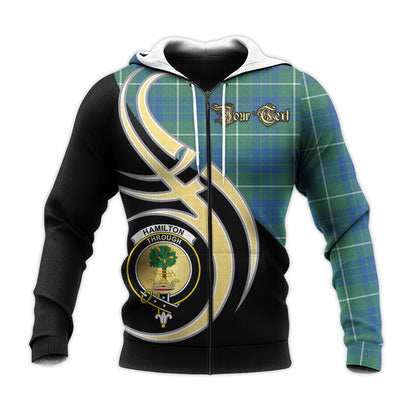Printivon Hamilton Hunting Ancient Clan Believe In Me Crest Tartan Knitted Hoodie Custom Your Text