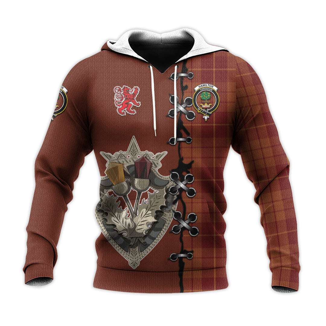 Printivon Hamilton Red Tartan Hoodie Lion Rampant And Celtic Thistle Style