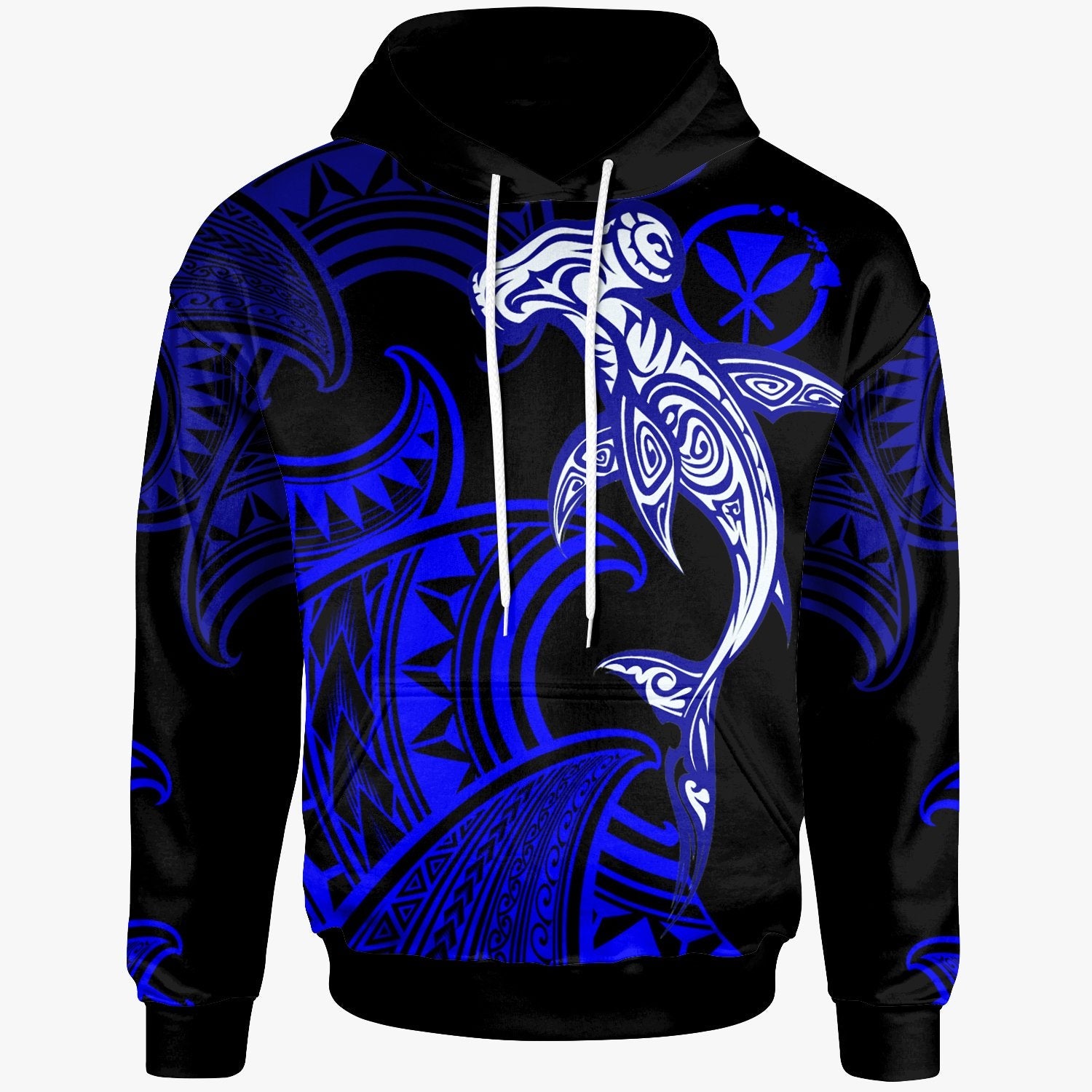 Hawaii Polynesian Hoodie Hammerhead Shark Tribal Pattern Blue