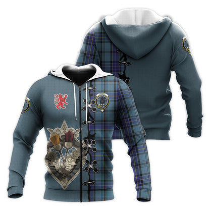 Printivon Hannay Blue Tartan Hoodie Lion Rampant And Celtic Thistle Style