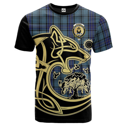 Printivon Hannay Blue Crest Celtic Wolf Tartan T Shirt Custom Your Text