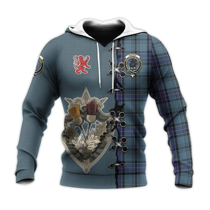 Printivon Hannay Blue Tartan Hoodie Lion Rampant And Celtic Thistle Style