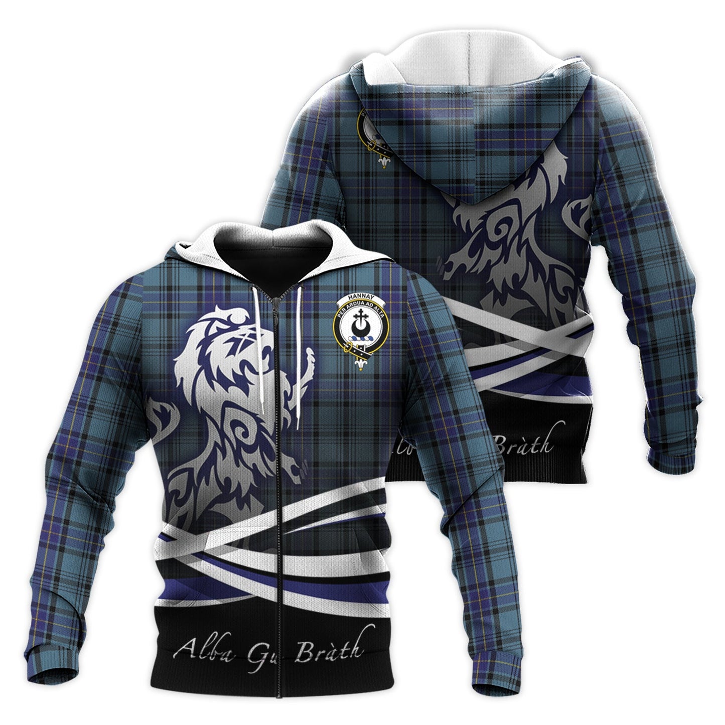 Printivon Hannay Blue Tartan Scottish Lion Hoodie