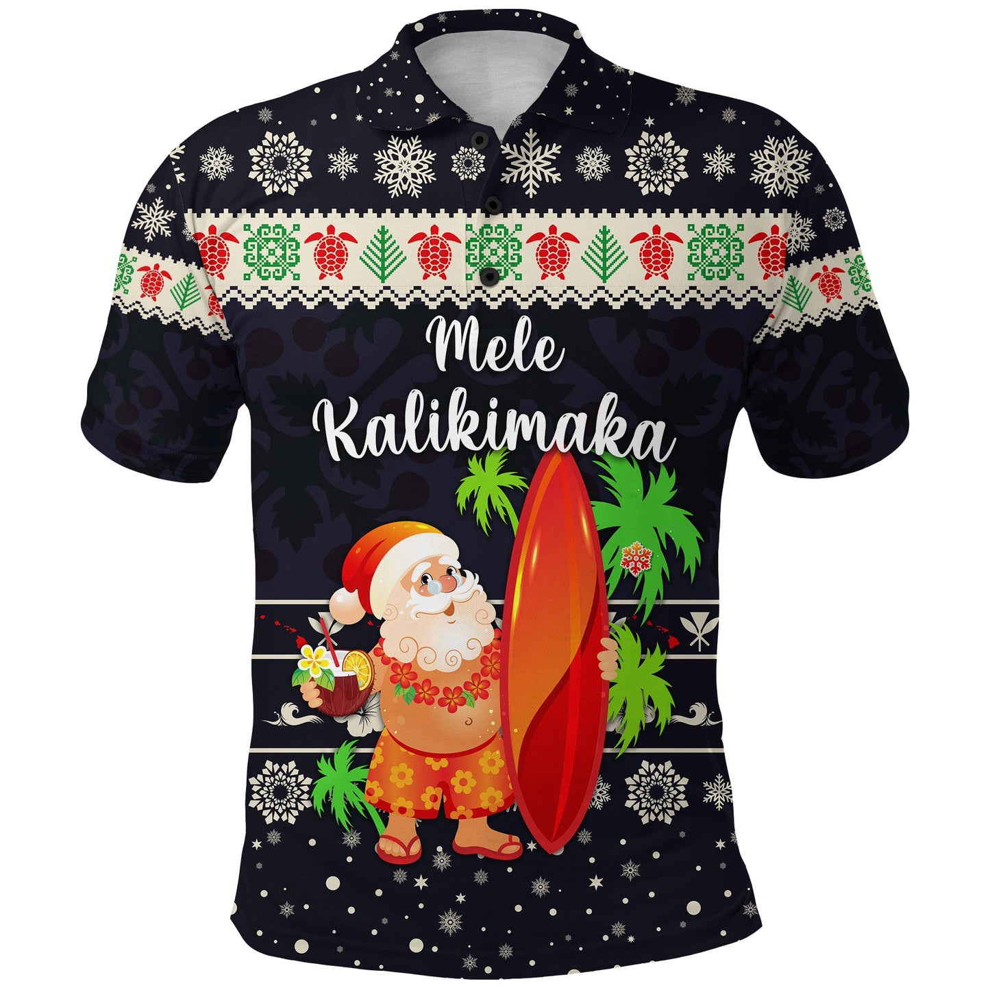 Hawaii Christmas Polo Shirt Santa Claus Surfing Simple Style - Navy