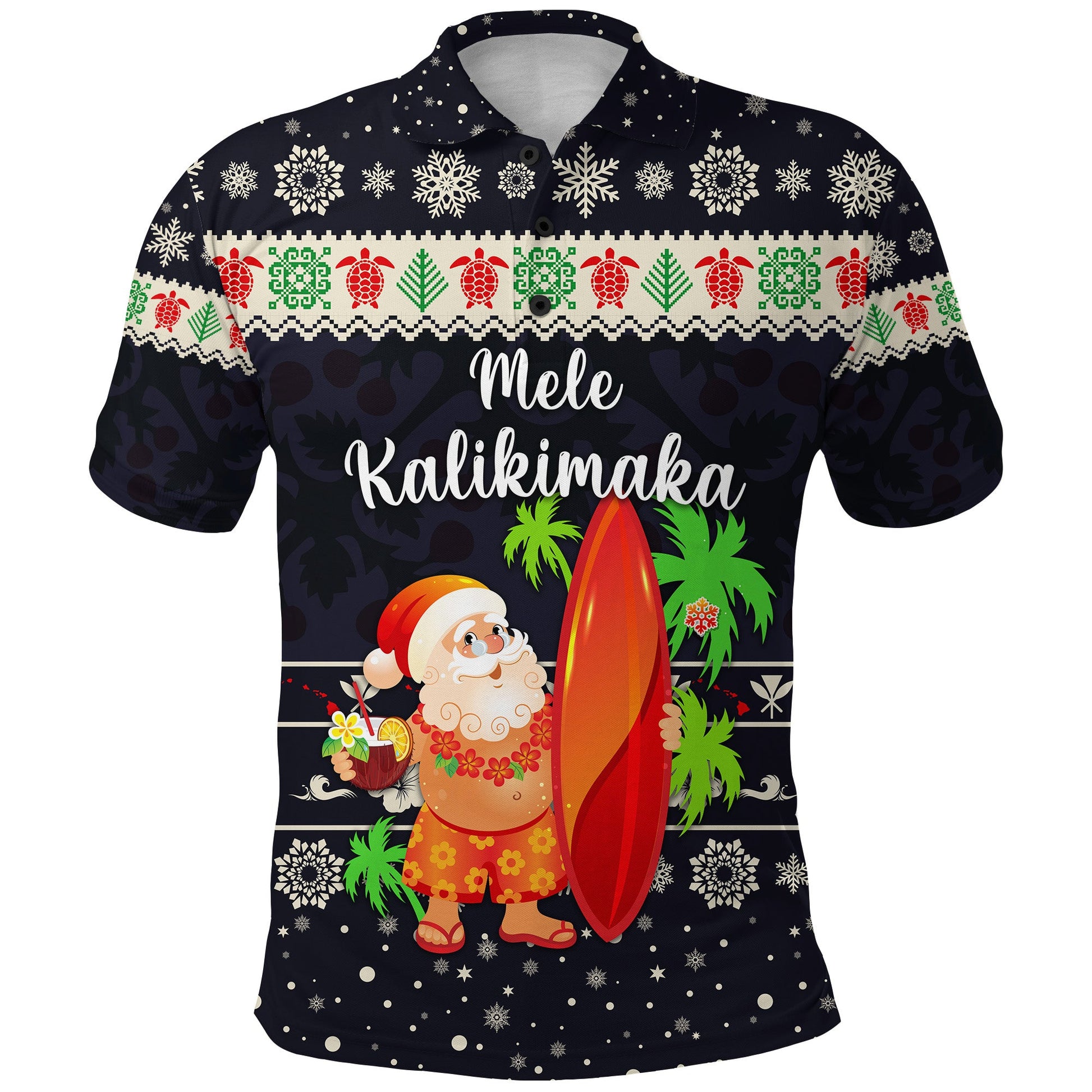 Hawaii Christmas Polo Shirt Santa Claus Surfing Simple Style - Navy