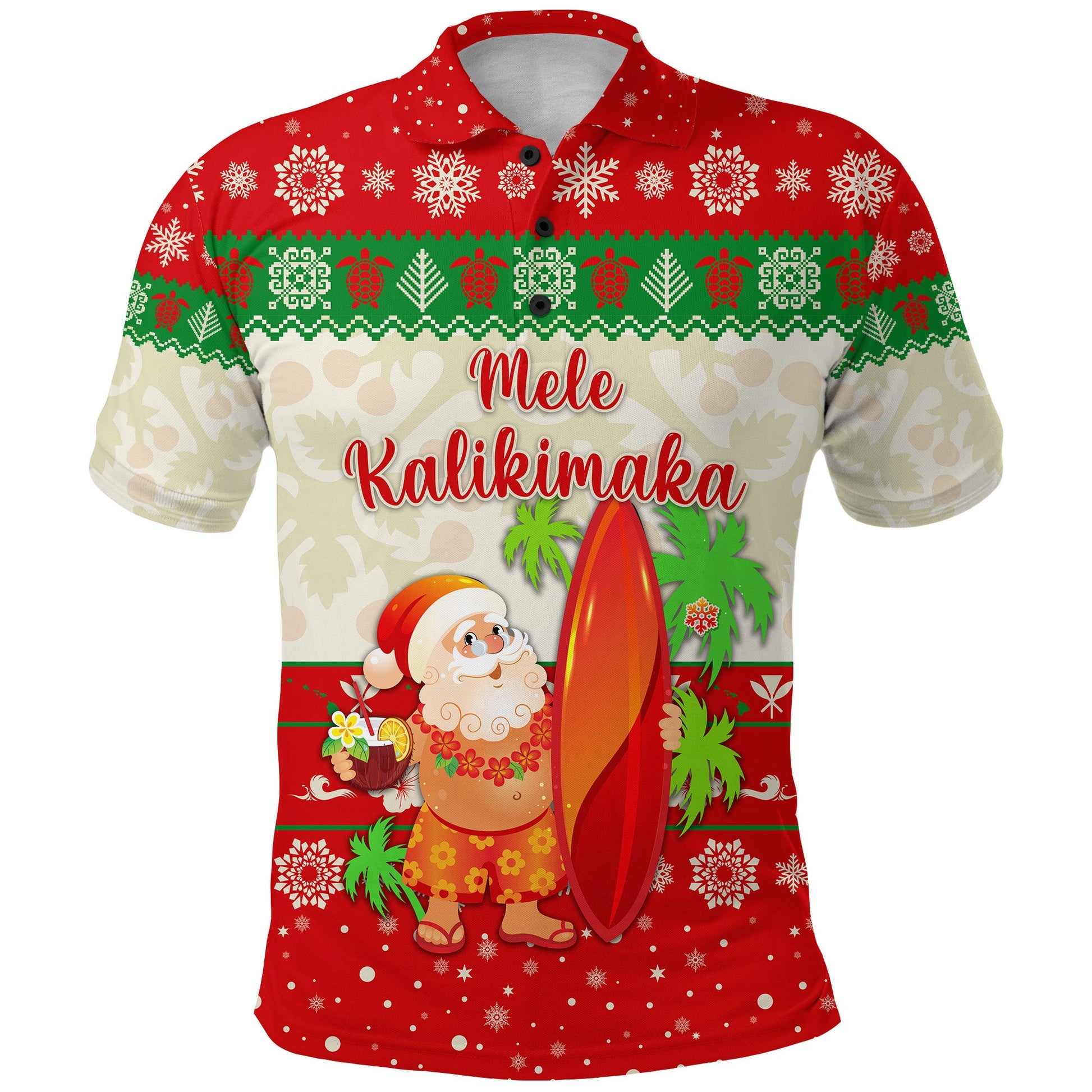 Hawaii Christmas Polo Shirt Santa Claus Surfing Simple Style - Beige Red