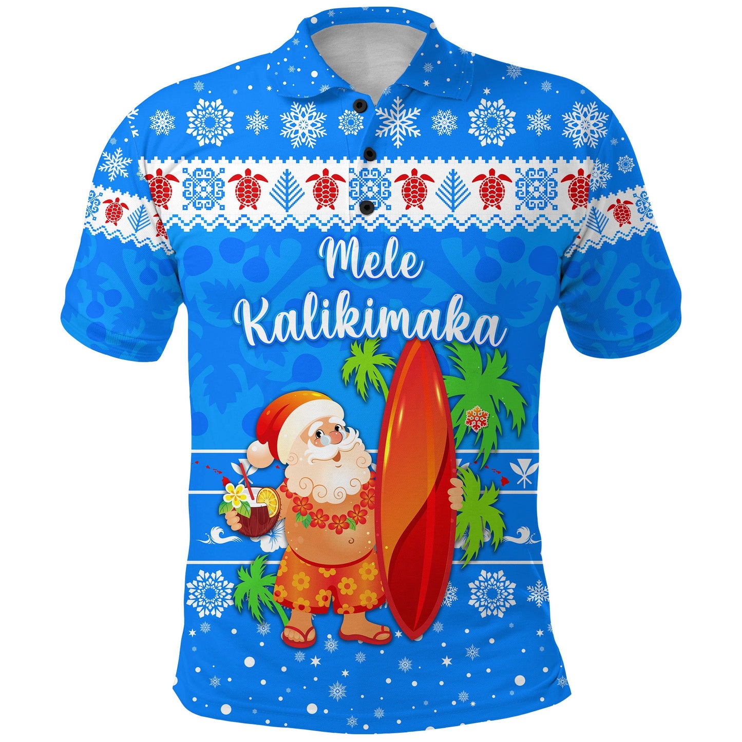 Hawaii Christmas Polo Shirt Santa Claus Surfing Simple Style - Blue