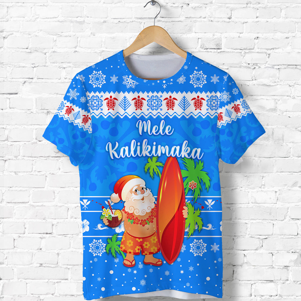 Hawaii Christmas T Shirt Santa Claus Surfing Simple Style Blue