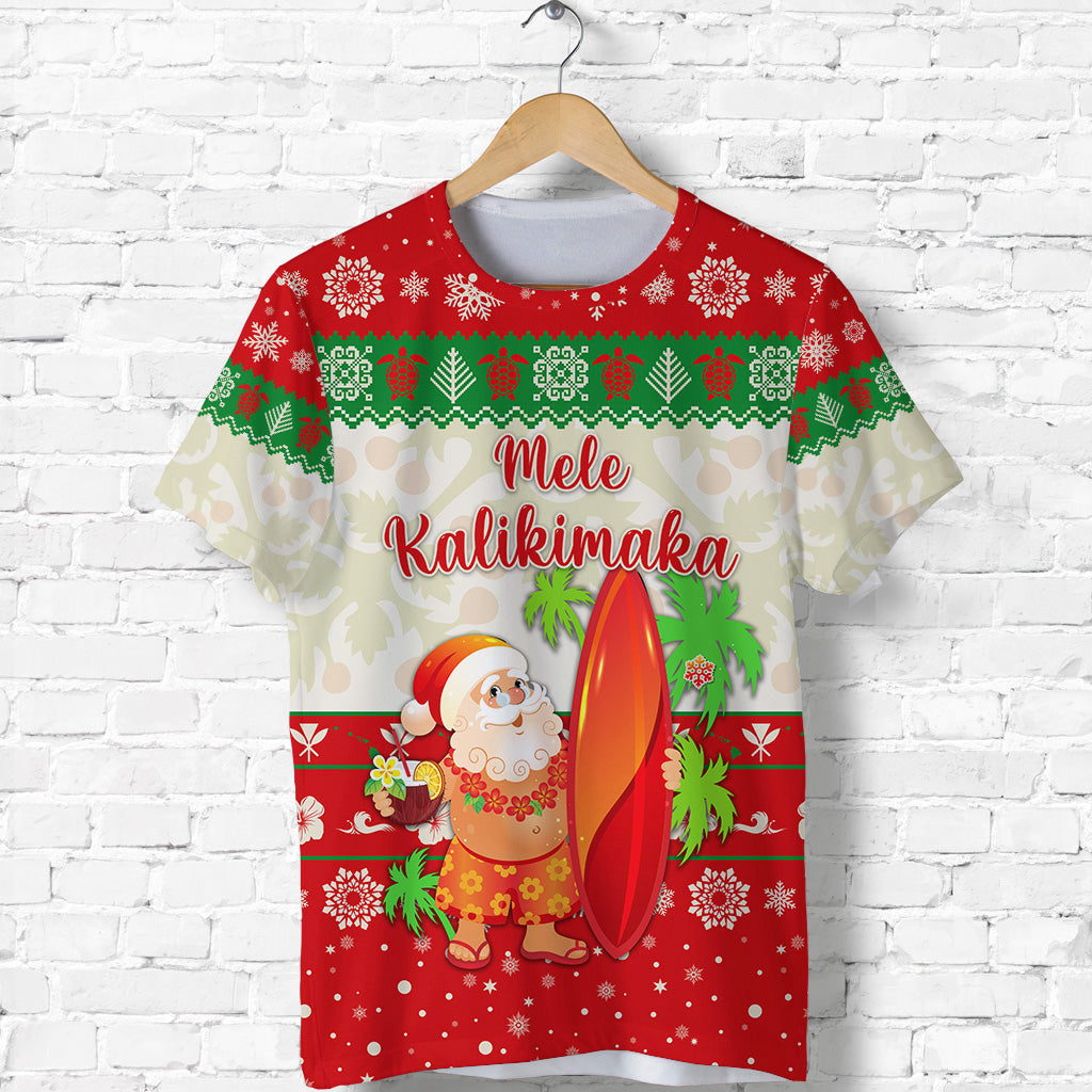 Hawaii Christmas T Shirt Santa Claus Surfing Simple Style Beige Red