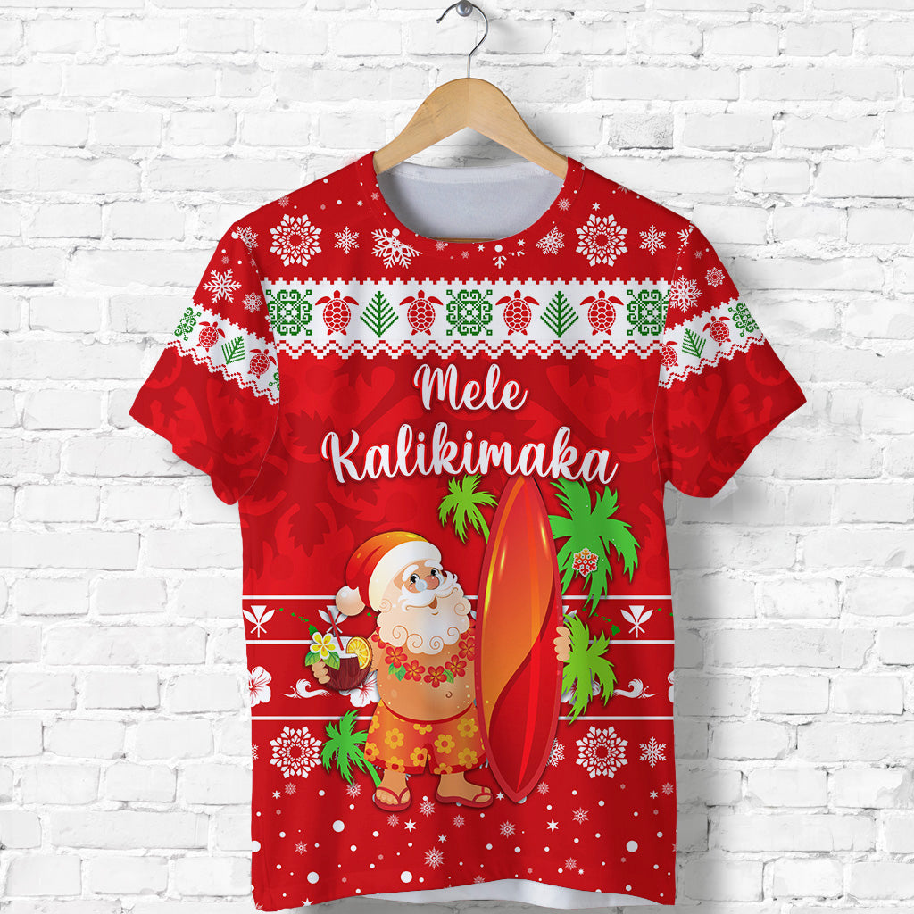 Hawaii Christmas T Shirt Santa Claus Surfing Simple Style - Red