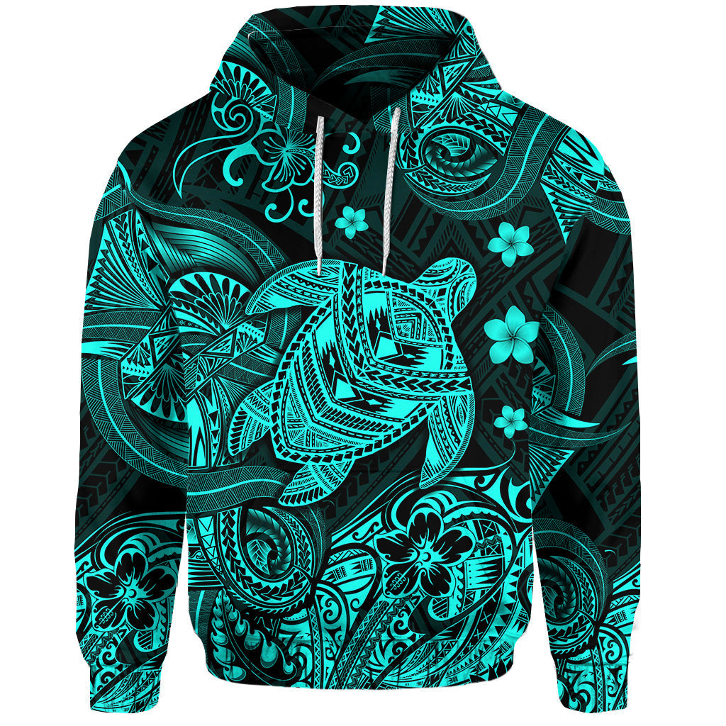 Hawaii Turtle Polynesian Hoodie Plumeria Flower Unique Style Turquoise